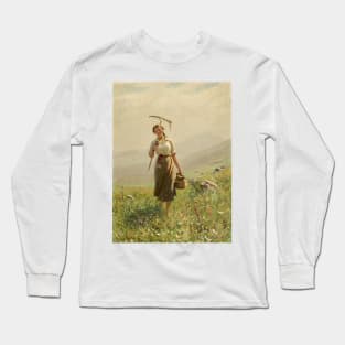 A Young Woman in the Meadow by Hans Dahl Long Sleeve T-Shirt